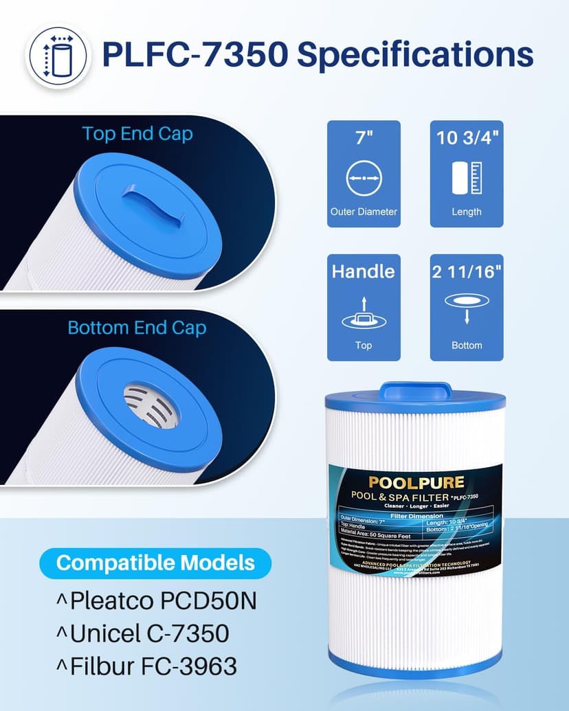 POOLPURE C-7350 Spa Filter Compatible with Caldera 50, Unicel C-7350, Caldera Spas 73532, 1019401, Pleatco PCD50N, Filbur FC-3963, 735321, 50 sq.ft. Hot Tub Filter Cartridge 1pack