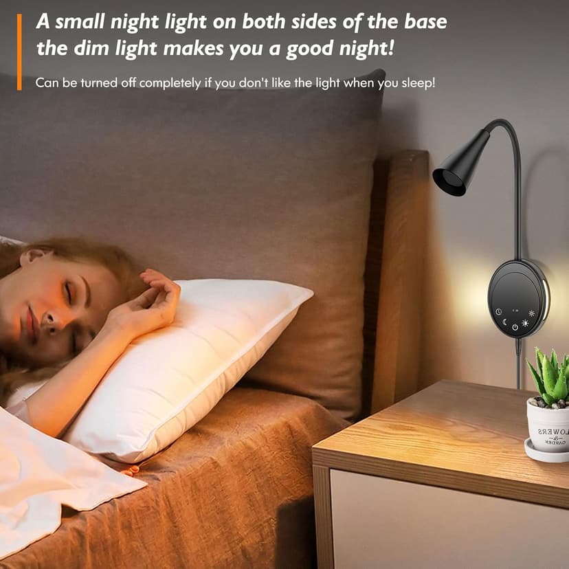 Wall Mounted Reading Light, Bedside Headboard Lights with 5 Dimming & Color Temperature, USB Output, Night Light & Timers Function, Flexible Gooseneck 3000K-6000K Upgrade Bed Lamp (Black)