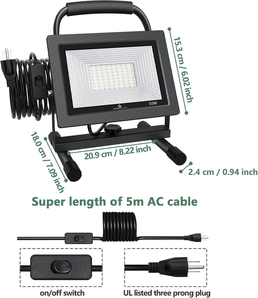 GLORIOUS-LITE 50W LED Work Light, 5000LM LED Flood Lights, 400W Equivalent, IP66 Waterproof, 16ft 5m Cord with Plug, 6500K, Adjustable Working Lights for Workshop Garage, Construction Site