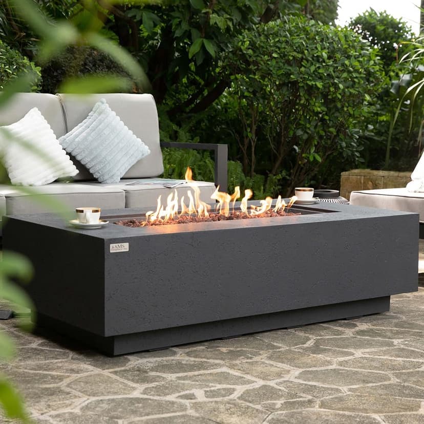 AMS Fireplace | Madison 60"x32" Rectangular Concrete Natural Gas Fire Pit Table | Dark Gray | Travertine (coarse) Texture Surface | Outdoor Patio Heater Electronic Ignition Outside Backyard Fireplace