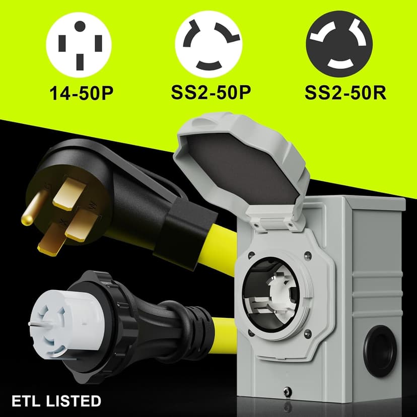 50 Amp Generator Cord 20FT and Power Inlet Box, NEMA 14-50P Male to SS2-50R 125/250V Twist Lock Connector with Pre-Drilled NEMA SS2-50P Generator Inlet Box for Generator to House, ETL Listed