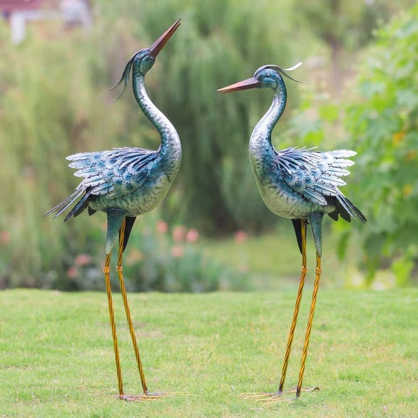 Chisheen Large Garden Crane Outdoor Sculptures, Metal Yard Art Heron Standing for Indoor Outdoor Decor, Bird Statues for Patio Lawn Porch Decorations, Set of 2