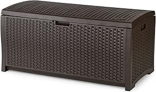 Suncast 73-Gallon Medium Deck Box - Lightweight Resin Indoor/Outdoor Storage Container and Seat for Patio Cushions and Gardening Tools - Store Items on Garage, Yard - Mocha Brown