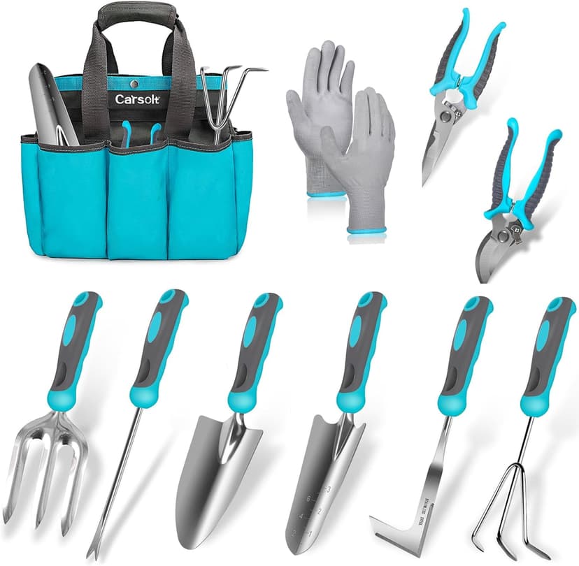 10 Piece Heavy Duty Stainless Steel Garden Tools Set with Ergonomic Rubber Handle. Variety of Gardening Hand Tools for Planting. Ideal Garden Gifts