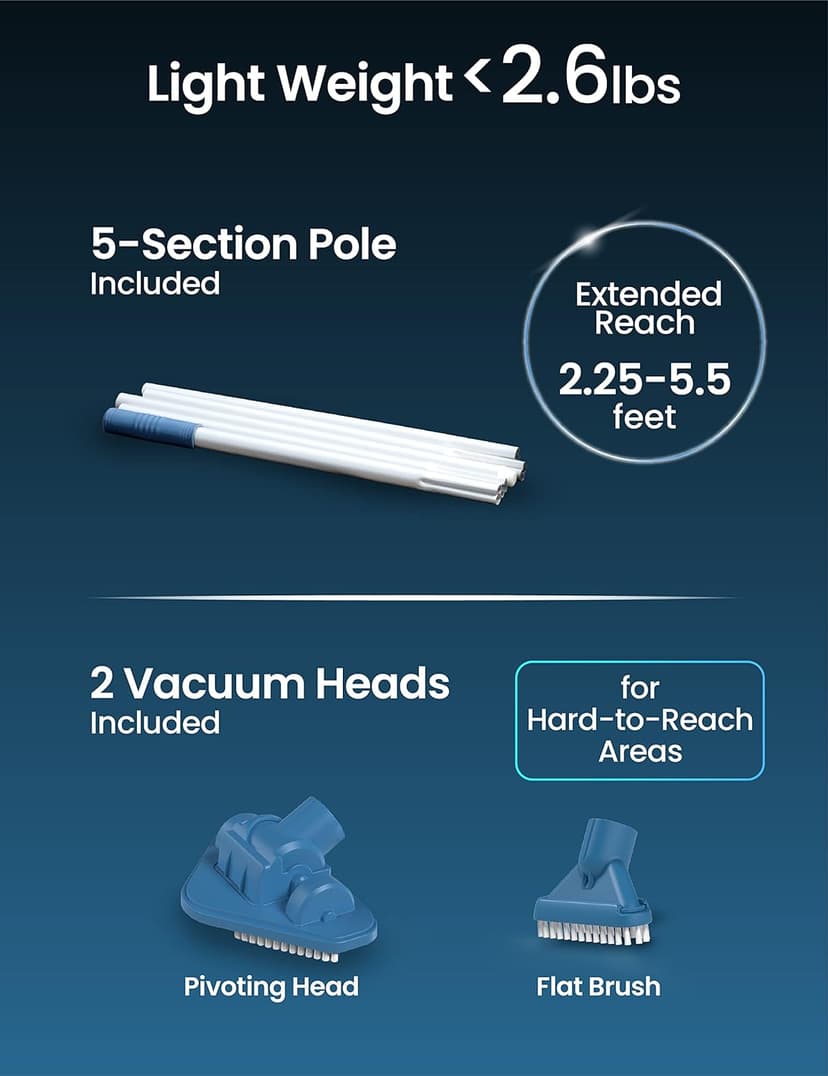 KOKIDO (2025 Upgrade) Rechargeable Handheld Pool Vacuum with Dual Brush Heads and Aluminum Pole, 60 mins Cordless Spot Cleaning Suction, Above Ground Pool, Hot Tub, Spa and Pools to 20ft, XTROVAC 110
