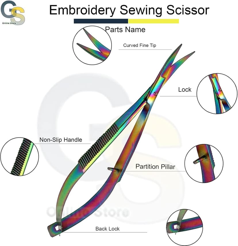 Embroidery Sewing Scissor - Titanium Spring Action Scissor 4.5" - German Grade Stainless Steel, Curved Tip, Snips, Thread Scissor - G.S Online Store