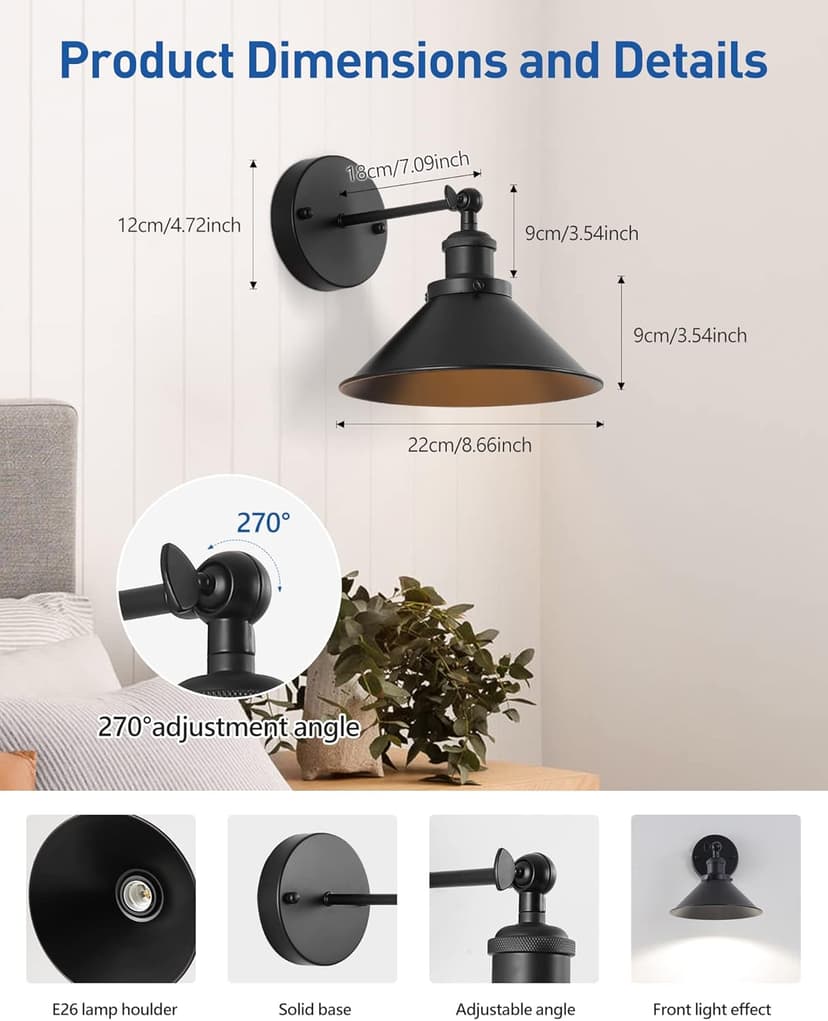 Black Vintage Wireless Battery Operated Wall Sconces, Industrial Cordless Battery Powered Led Wall Lights Set of 2, Wall Lamp Fixture Indoor with Remote Control for Bedroom Farmhouse Gallery