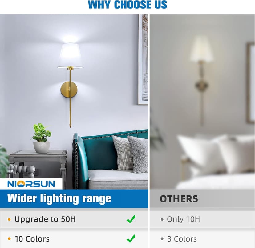NIORSUN Battery Operated Wall Sconce Set of 2,Gold Rechargeable Wall Lights with 5200mAh Dimmable Bulbs and Remote,10 Colors Wireless Wall Lamps for Bedroom Living Room Hallway Decor