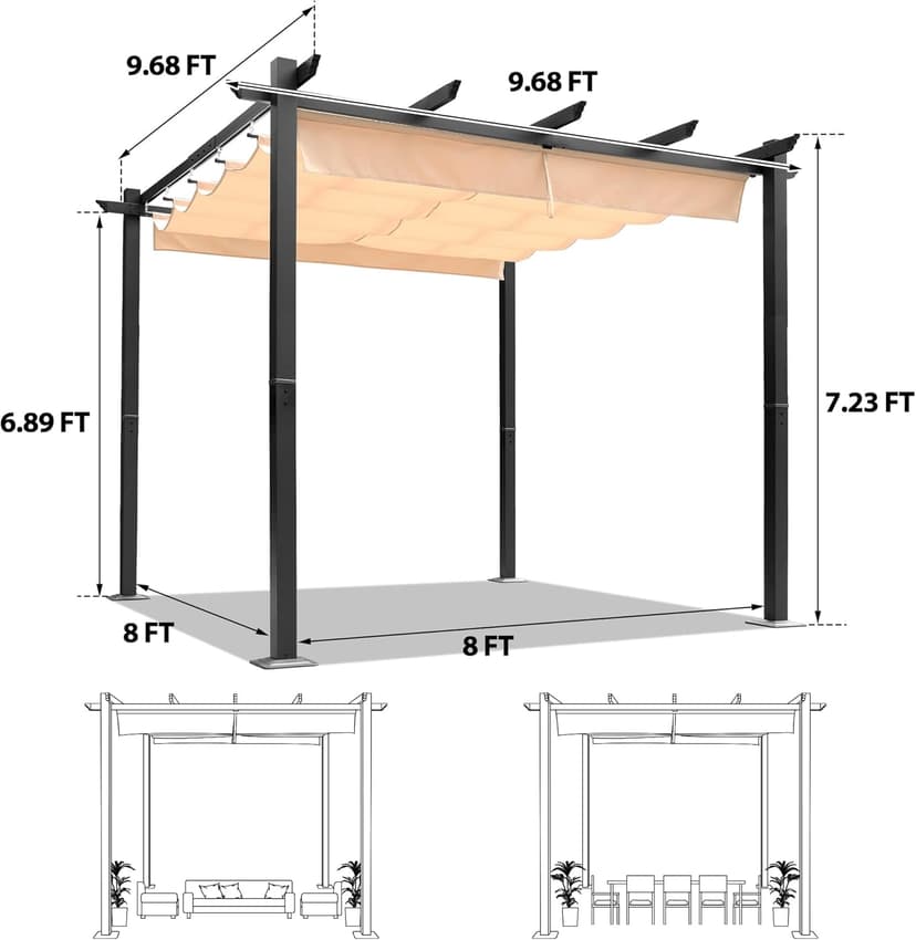 10‘x10’ Louvered Pergola, Retractable with Sun Shade Canopy Patio Pergola, Heavy Duty Aluminum Pergolas for Gardens, Pavilion Grill Gazebo, Backyards and Decks, Grape Trellis (Khaki)