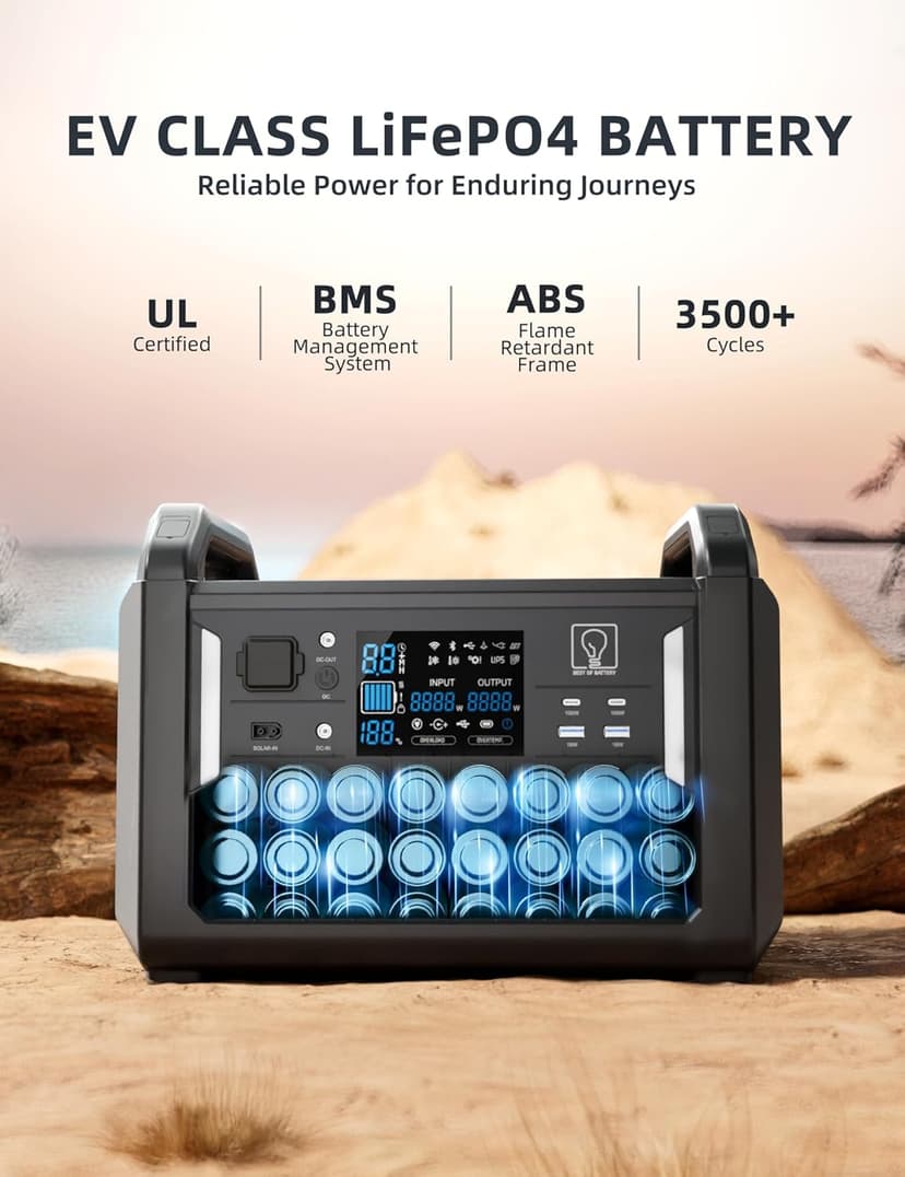TB1200 Portable Power Station, 1152Wh LiFePO4 Solar Generator, 3*1200W(Peak 2400W)AC outlets, fully recharged in 2 hrs, Backup Battery for Camping, Off-grid, Home Blackout (Solar Panel NOT Included)