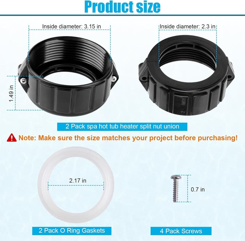 2" Spa Hot Tub Heater Split Nut Unions with Screws & Heater Gasket, Split Nut for Hot Tub and Spa Replacement Part, Suitable for 2-inch Heater Assemblies - 2 Pack