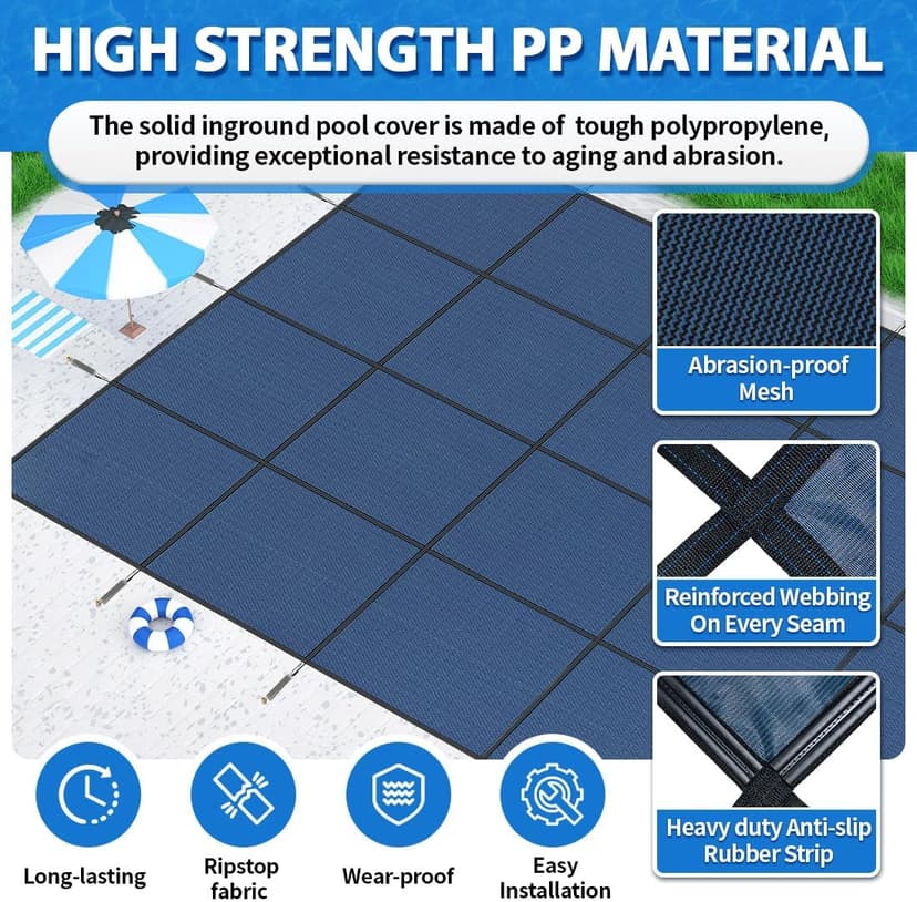 iCOVER Inground Pool Safety Cover, 18x36ft Rectangle Winter Safety Pool Cover for Inground Swimming Pools, Winter Pool Cover, Pool Covers for Inground Pools, Triple Stitched for High Strength, Blue