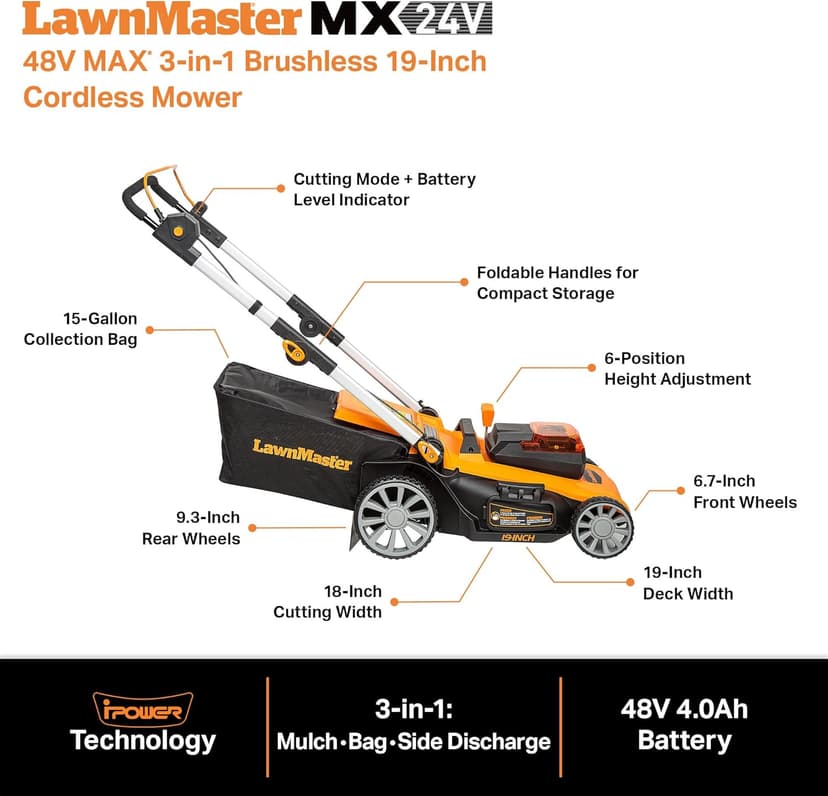 LawnMaster CLMF4819A 48V MAX* 19-inch Brushless Cordless Mower with 2X24V MAX* 4.0Ah Battery and a Dual Charger