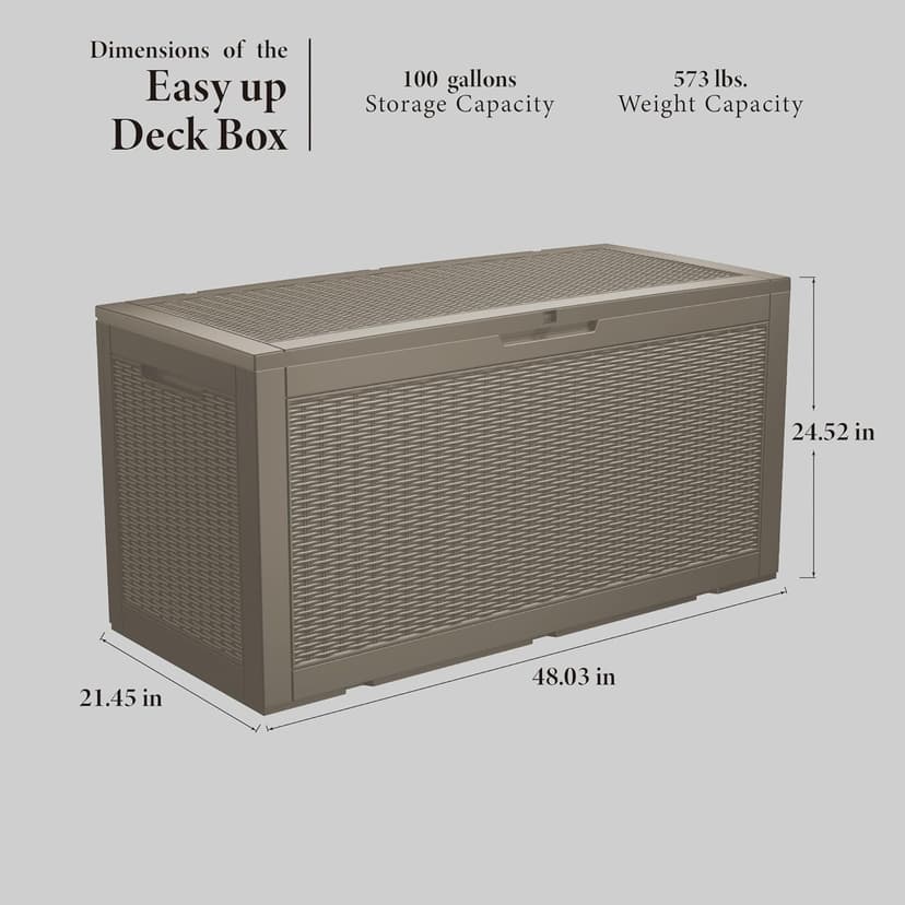100 Gallon Lockable Resin Deck Box, Waterproof & UV-Resistant Outdoor Storage Box for Cushion Storage and Outdoor Delivery Storage,Coffee