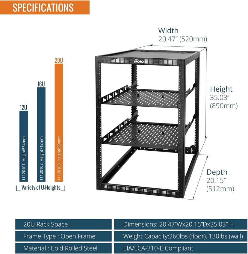 Tecmojo 20U Open Frame Network Rack for IT & AV Gear, Black, Alloy Steel, Rack Mount, Wall Floor Mount, Compatible with Networking Devices, Servers, IT Equipment