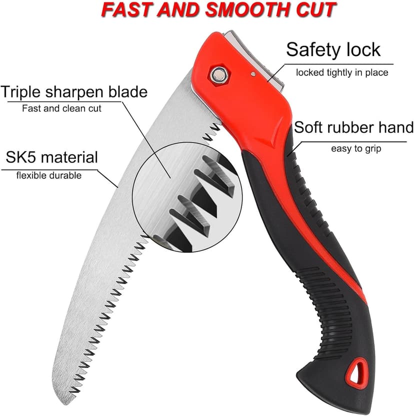 8 Inch Heavy Duty Pruning Saw, Folding Hand Saw with SK5 Curved Blade, Triple-cut Razor Teeth Used for Trees Wood Cutting Camping Gardening Work, Hiking, Landscaping, Tree Trimming