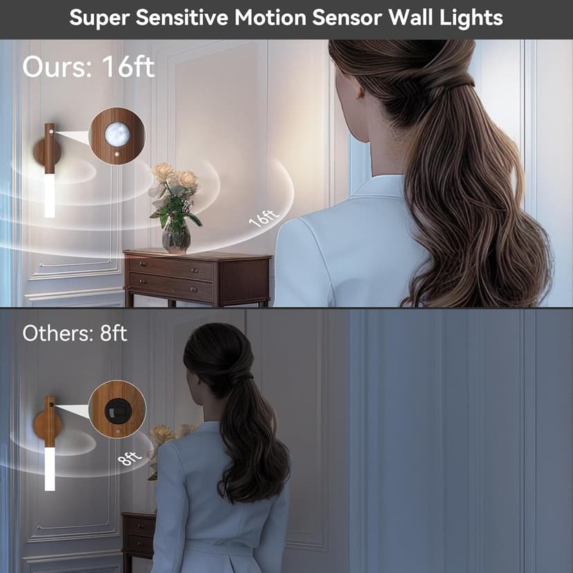 Battery-Operated Wall Sconce Wall Lights: 2200mAh Rechargeable Motion Sensor Magnetic Wireless Stairway Lights Portable Hallway Light Wooden Wall Lighting for Bedroom Stair(White Light)
