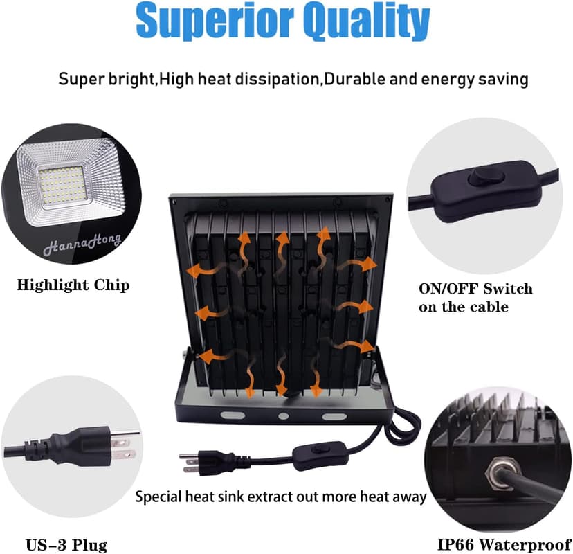 HANNAHONG 30W LED Flood Light Plug in with ON/Off Switch,Cool White,Bright Security/Work/Plant Grow Outdoor,IP66 Waterproof,Reflector Exteriore Spotlight Porch,Garage,Patio,Yard,Garden