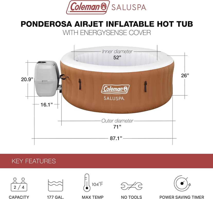Coleman Ponderosa AirJet 2 to 4 Person Inflatable Hot Tub Round Portable Outdoor Spa w/ 120 AirJets & EnergySense Energy Saving Cover, Orange