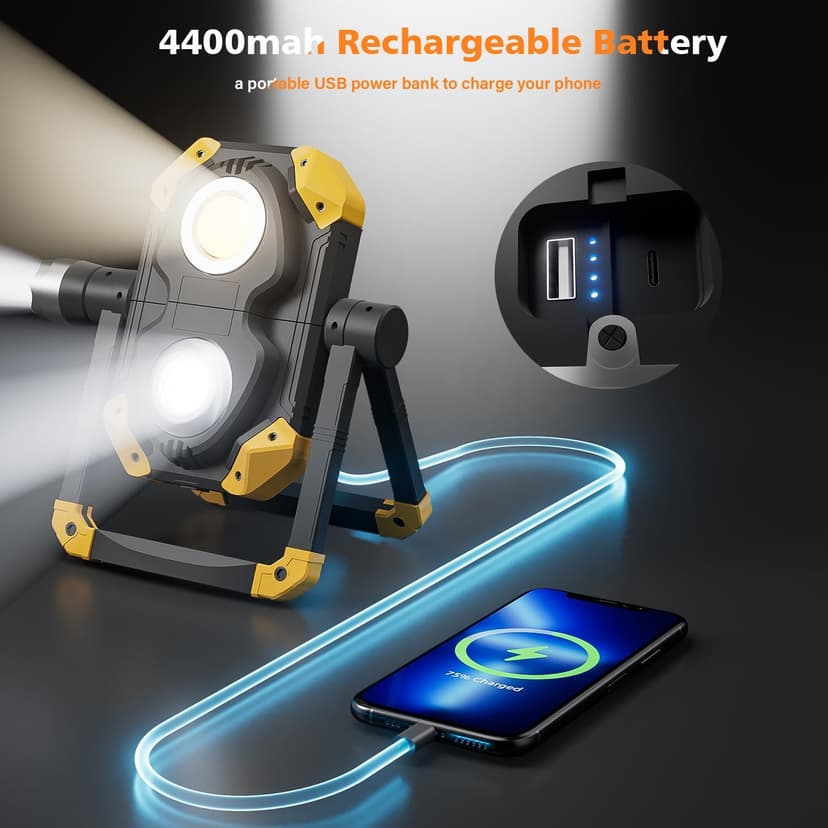 Samyoung 2 Pack Magnetic 2000 LM LED Work Light, 10 Hours Long Lasting 360°Rotating 7000K Warm Rechargeable Work Light Folding Waterproof for Job Site Car Inspection Camping Emergency