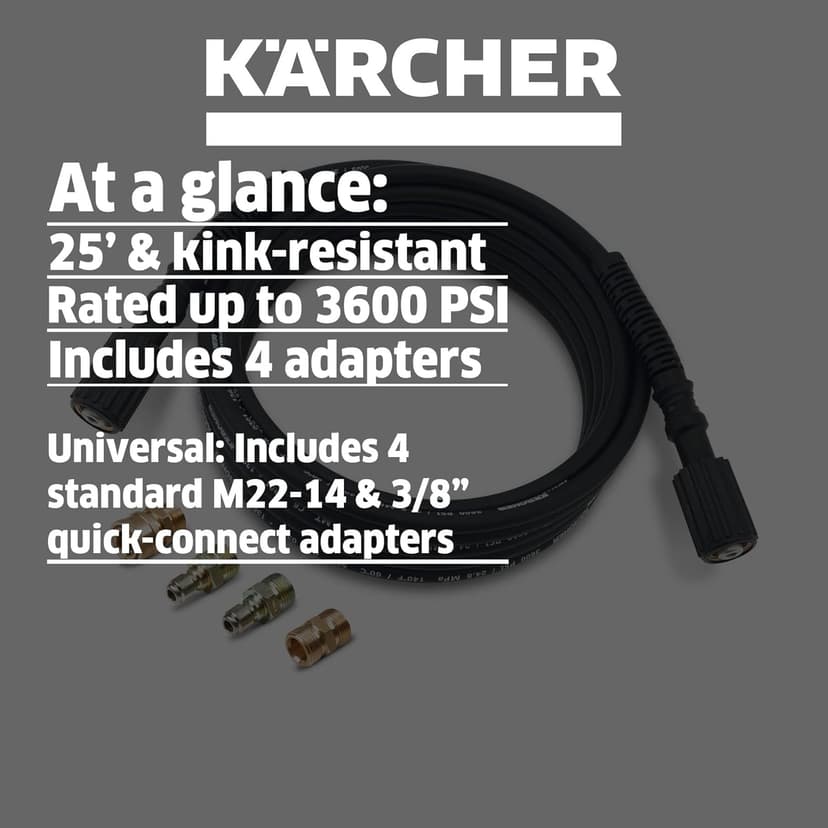 Kärcher 25' High Pressure Replacement/Extension Hose for Pressure Washers - 3600 PSI - Adapters Included - Quick Connect/M22