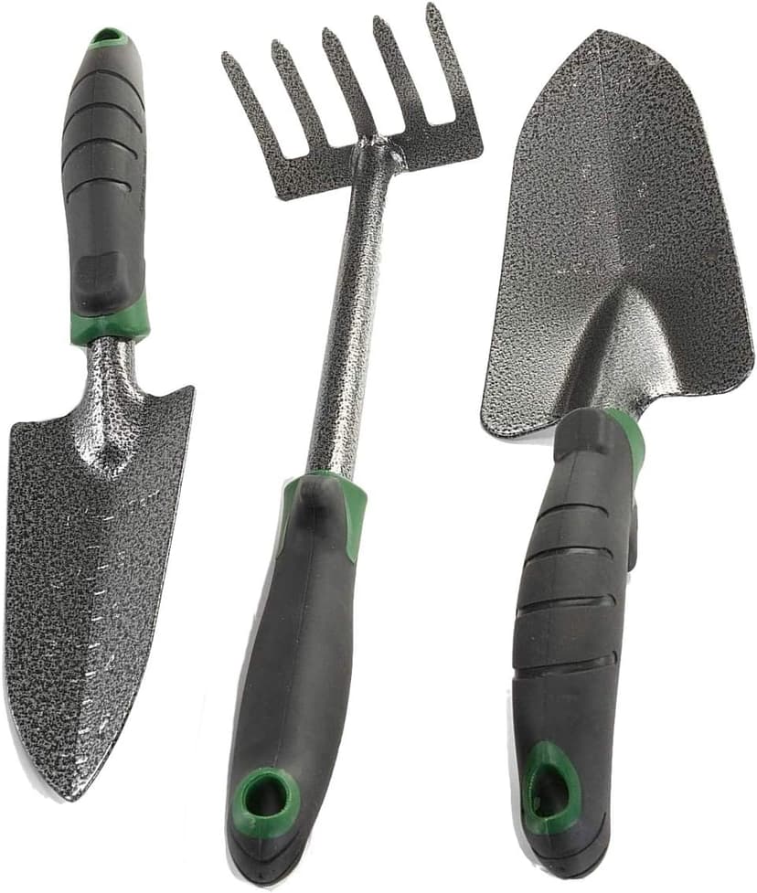 Edward Tools Garden Tool Set - Heavy Duty Carbon Steel Trowel, Transplanter, Hand Rake - 3 Piece Garden Tool Set with Bend-Proof Design - Ergo Rubber Grip Handles