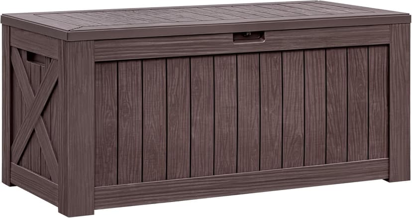 Flamaker Resin Deck Box 120 Gallon Waterproof Large Deck Boxes Plus Outdoor Indoor Storage Box Imitation Wood Resin for Patio Furniture Garden Tools and Pool (Deep Brown)