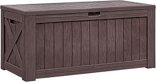 Flamaker Resin Deck Box 120 Gallon Waterproof Large Deck Boxes Plus Outdoor Indoor Storage Box Imitation Wood Resin for Patio Furniture Garden Tools and Pool (Deep Brown)