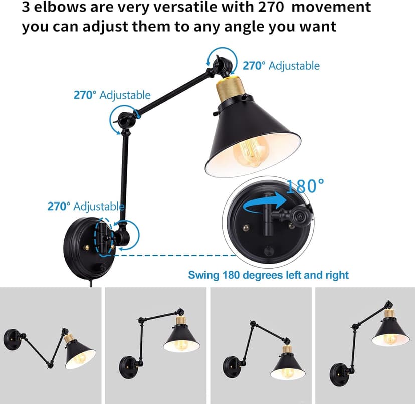 TRLIFE Dimmable Wall Sconce, Remote Control Plug in Wall Sconces Dimming 10%-100% and Adjustable Color Temperature 2700K-6000K, Swing Arm Wall Lights with Plug in Cord, UL Listed(2 Pack, 2 Bulbs)