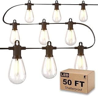 50FT LED Outdoor String Lights with 15 Shatterproof Edison Bulbs, 2700K Commercial Grade IP65 Waterproof Patio Lights, Heavy Duty Outside Hanging Lights for Backyard, Balcony, Garden, Porch
