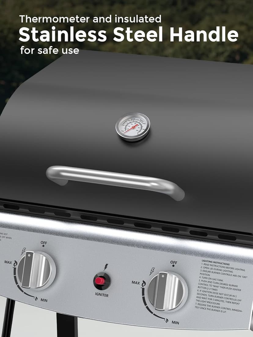 Cowsar 2 Burner BBQ Propane Gas Grill, Stainless Steel 20000 BTU, Equipped with Sides Burner and 4 Wheels for Easy Mobility, Ideal for Outdoor Kitchens and Backyard Patio Barbecues