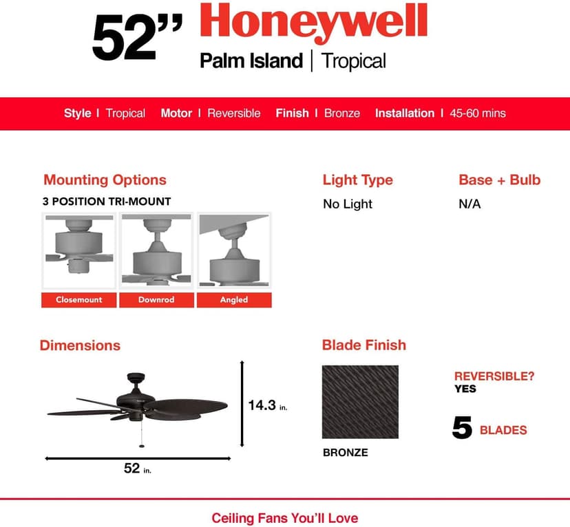 Honeywell Ceiling Fans Palm Island, 52 Inch Tropical Indoor Outdoor Ceiling Fan with No Light, Pull Chain, Three Mounting Options, 5 Palm Leaf Blades, Wet-Rated - 50207-01 (Bronze)