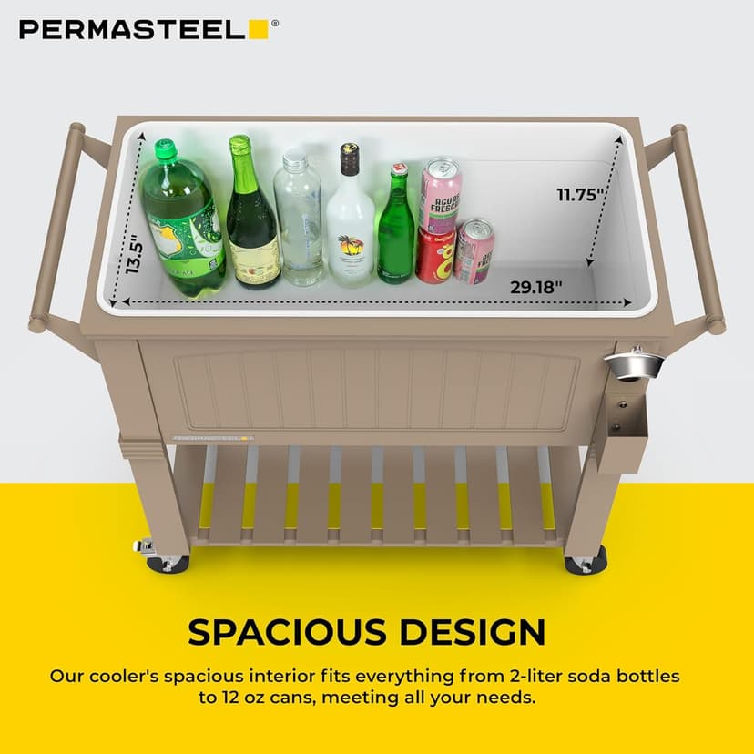 Permasteel 80-Qt Rolling Patio Cooler with Storage Shelf, Large Beverage Cart for Outdoor Entertaining, Backyard, Deck & Parties, Antique Teak Style, Taupe + Bonus Cover