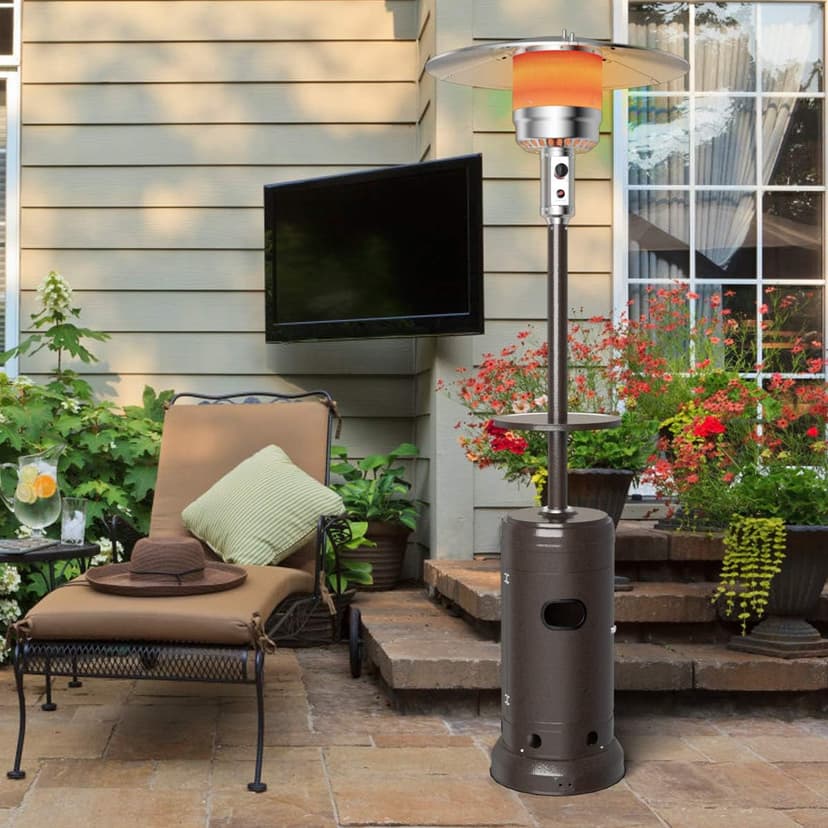 Tangkula 48,000 BTU Propane Patio Heater with Wheels, Outdoor Heaters for Patio with Shelf Tabletop, Stainless Steel Burner, Auto Shut Off & Tip-Over Protection, Portable Patio Heaters for Outdoor Use