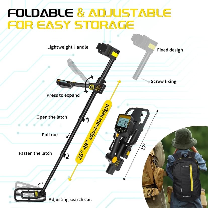 Metal Detector for Adults Professional, Rechargeable Lithium Battery Powered, Adjustable Retractable Foldable Metal Detector Waterproof High Accuracy Gold Detector, Backlit LCD Display