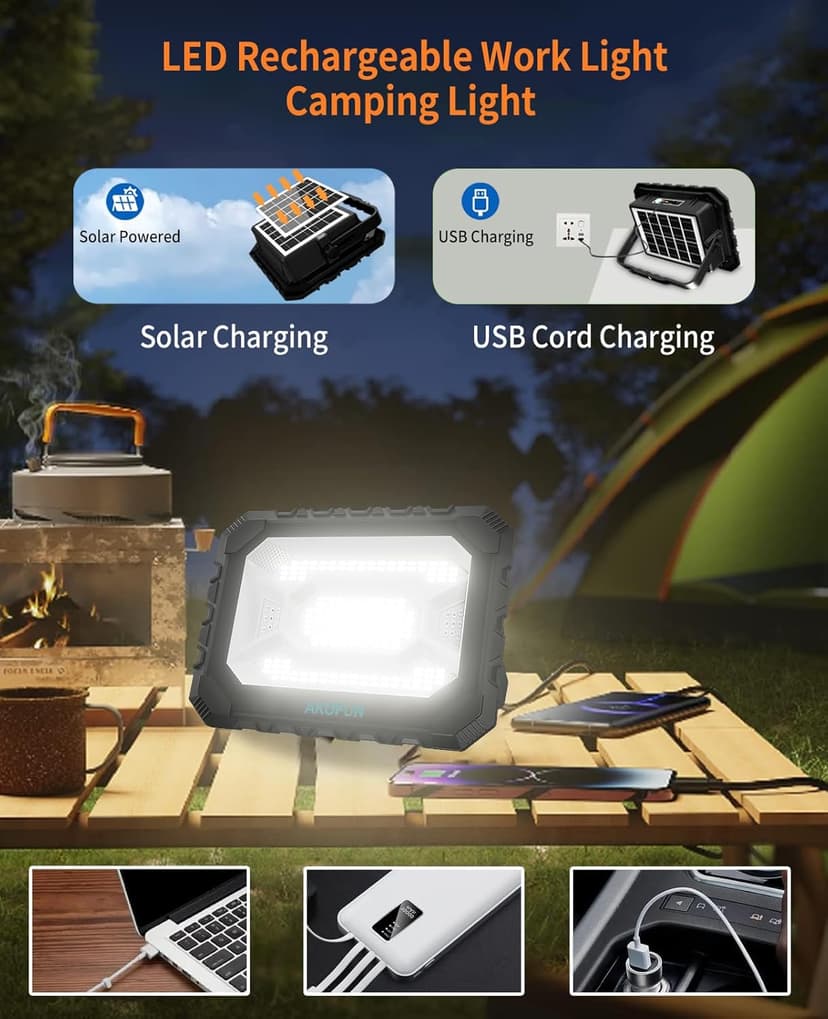200W LED Solar Work Light Rechargeable, 16000LM Magnetic Worklight 3000K/4500K/6500K, 16000mAh Battery, IP66 Waterproof Portable Solar Outdoor Working Light for Emergency, Camping, 2 Pack