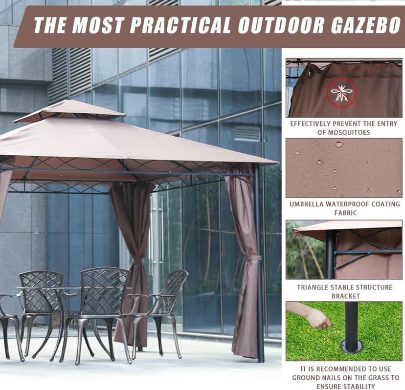 FDW 10'x13' Outdoor Patio Gazebo Heavy Duty Steel Frame Canopy with Double Roof, Privacy Curtains, for Garden, Backyard, and Lawn (Brown)