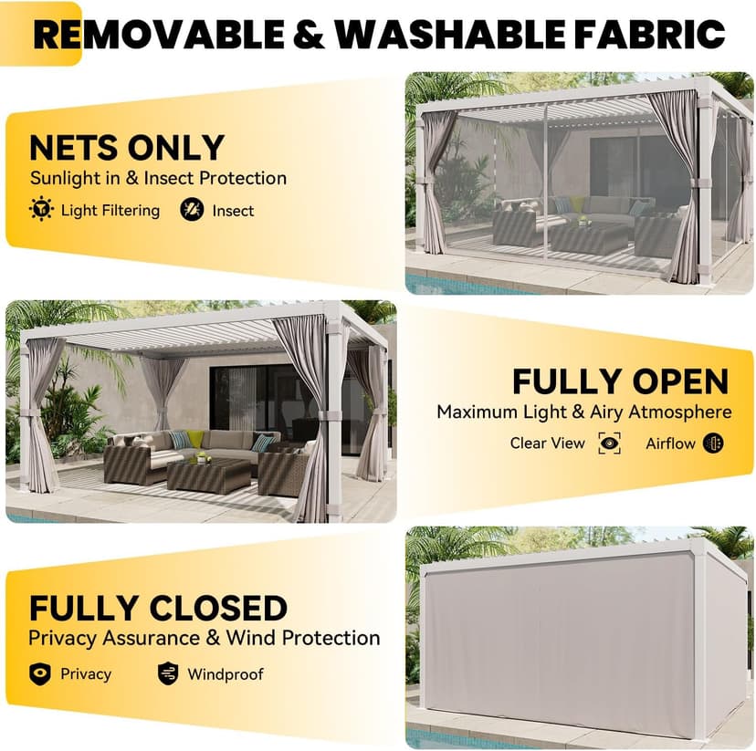 Louvered Pergola 10x12ft, Adjustable Aluminum Pergola with Waterproof Curtains and Nets, Sun & Rain Shade for Patio, Modern DIY Outdoor Living Upgrade, White