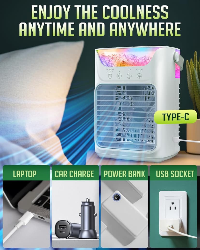 Portable Air Conditioners, 3 Wind Speeds & 7 LED Lights Evaporative Personal Air Cooler, 4 in 1 Portable AC with 650 mL Large Water Tank, Mini Air Conditioner for Bedroom/Car/Home/Camping/Room