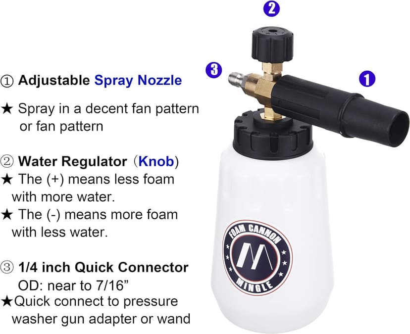 M MINGLE Foam Cannon, Compatible with Portland Husky and Ryobi Pressure Washer, with 5 Nozzle Tips, 1/4 Inch Quick Connector