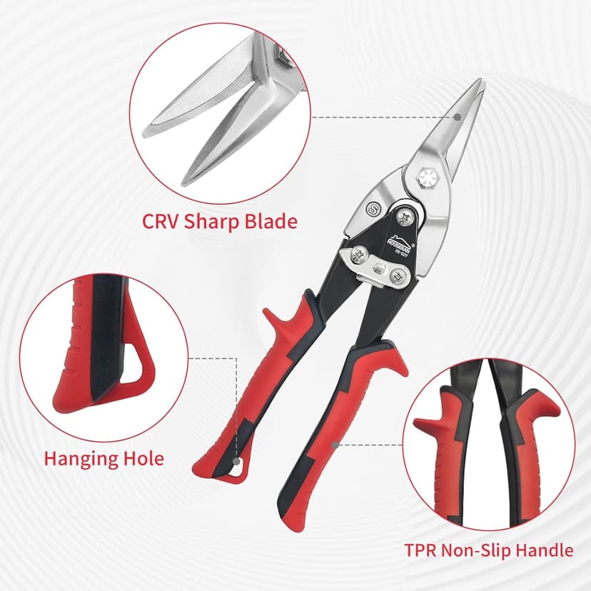 Aviation Snips, 10 Inch Tin Snips, Straight Cut, Heavy Duty Sheet Metal Cutter with Safety Lock and Non-slip Handle, CR-V Steel Sharp Teeth, Shears Scissors for Cutting Metal Sheet
