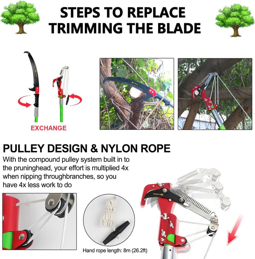 7-27 Feet Extendable Pole Saw for Tree Trimming – Manual Branch Trimmer with Long Handle, Storage Bag, and Green Design – Perfect for Pruning and Cutting High Branches.