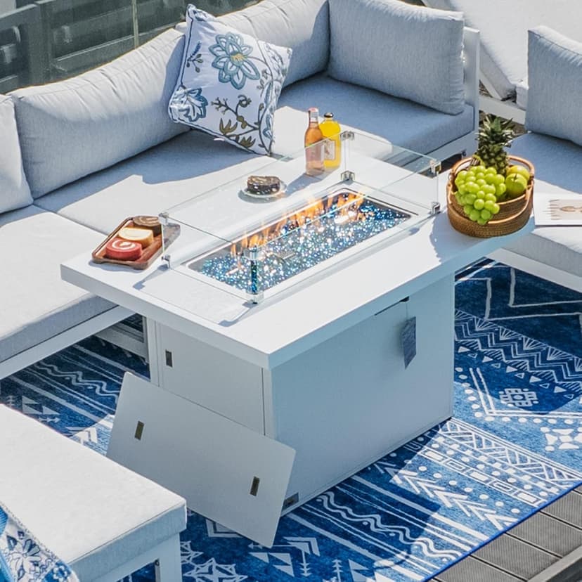 NICESOUL 43'' Outdoor Aluminum Firepit Table, 60,000 BTU Propane/Natural Gas, Rectangle CSA-Certified Fire Pit with Wind Guard & Glass Rocks, Rust-Proof Luxury Fireplace for Patio Poolside Deck, White