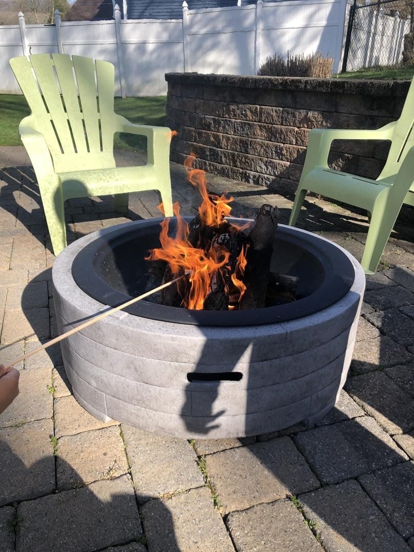 Sunnydaze 36-Inch Faux Stone Fire Pit Bowl with Handles - Wood Burning Fireplace with Spark Screen and Poker