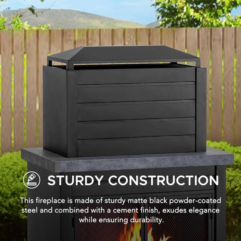 Sunjoy Outdoor Fireplace with Wood Storage and Chimney, Steel Metal Fire Pit with Mesh Spark Screen Door & Fire Poker, Fireplace Tool and PVC Cover, for Patio Garden Deck Backyard, Black