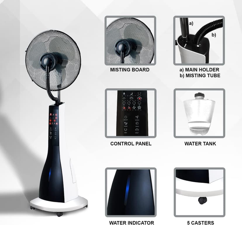 XBrand Oscillating Pedestal Fan with Mist, Misting Fan for Home, Office, Patios with Timer & Remote Control, 47 Inch Height,Black and White
