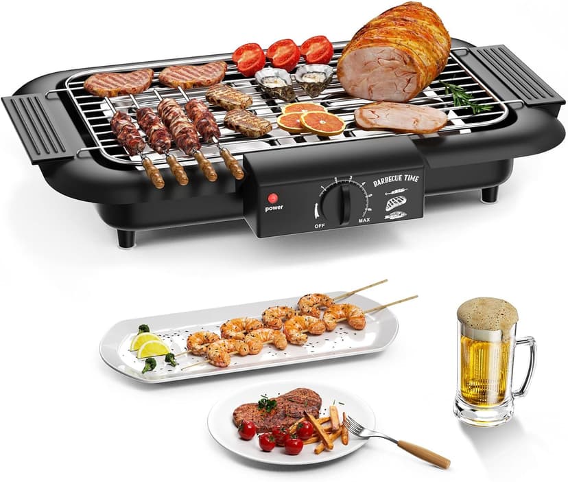 Electric BBQ Grill, Smokeless Non-Stick Indoor/Outdoor Barbecue Grill, 2000W Double tube High Power Portable Removable Stand Grill for BBQ Party (Elegant Black)