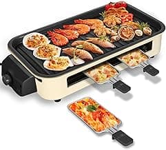 Electric Indoor Grill 1500W, YOHAWJAN 2 in 1 Smokeless Indoor Grills with Non-stick Removable Grill & Griddle Plate, Temperature Control, Portable Korean BBQ Grill with 3 Raclette Cheese Pans