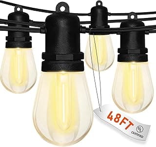 48FT Outdoor String Lights Waterproof Commercial Grade Patio Lights with 16 LED Warm White Bulbs, Dimmable Shatterproof Hanging Outdoor Light for Outside Backyard Wedding Garden Cafe Party Decorations