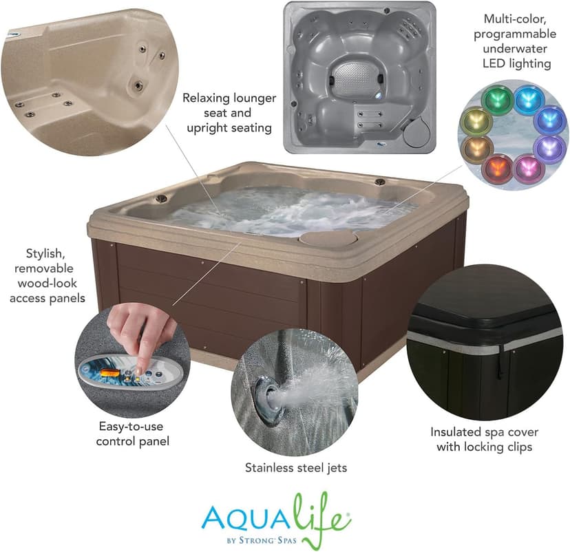 Inland 6 Person Indoor Outdoor Hot Tub, Plug & Play Spa, 24 Jets, LED Lighting System, Insulated Spa Cover, Made in USA, Aqualife by Strong Spas